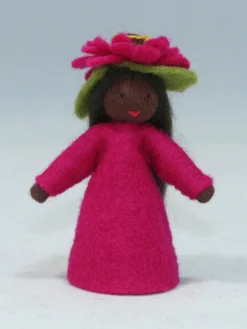 Ambrosius Zinnia Fairy Doll -Toy Sale Store DarkSkinZinniaFairy miniaturestandingfeltdoll flowerhat EcoFlowerFairies HandmadebyAmbrosius DragonflyToys