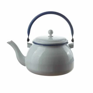 Enamel Water Kettle White With Blue Trim 1 Enamel Water Kettle White With Blue Trim