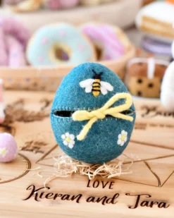 Felt Egg Cover - Blue With Bee Motif -Toy Sale Store FeltEggCover BluewithBeeMotifDragonflyToys