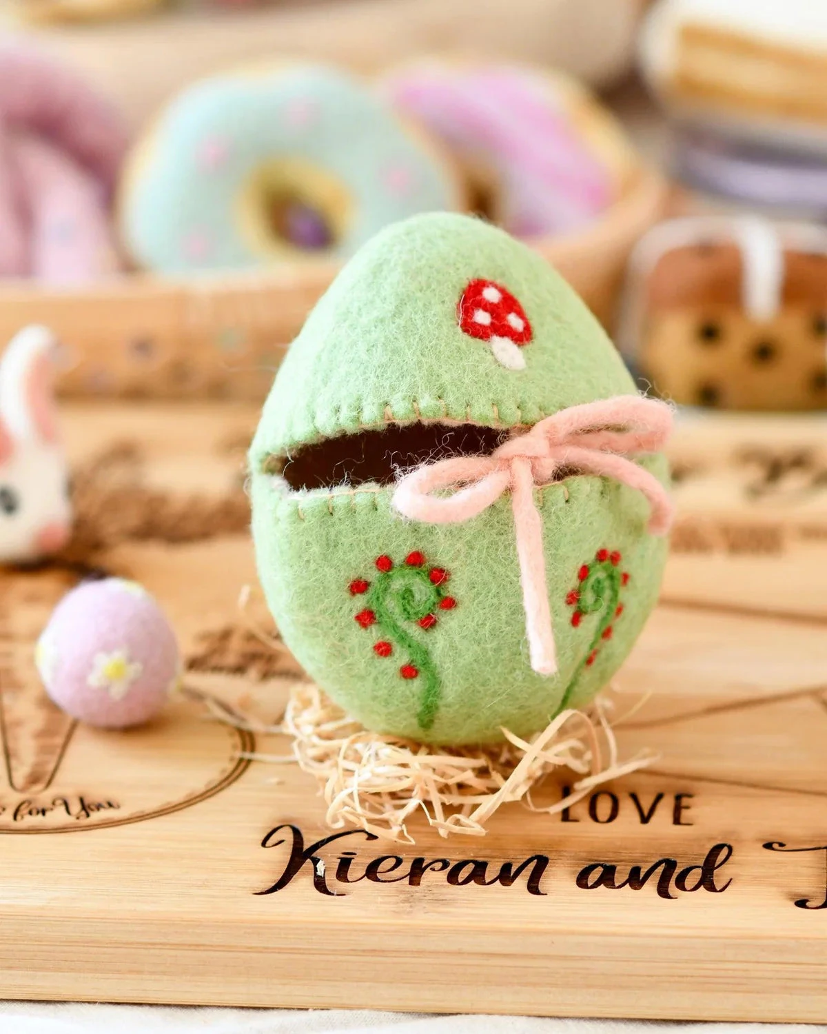 Felt Egg Cover - Green With Mushroom Motif 2 Felt Egg Cover - Green With Mushroom Motif - Image 2